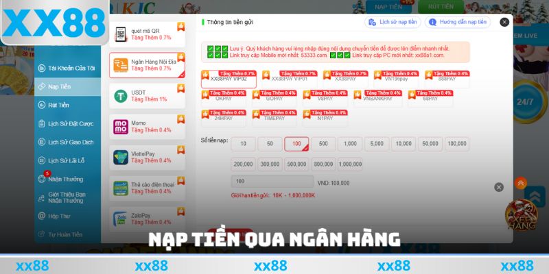 Cách nạp tiền XX88 qua ngân hàng
